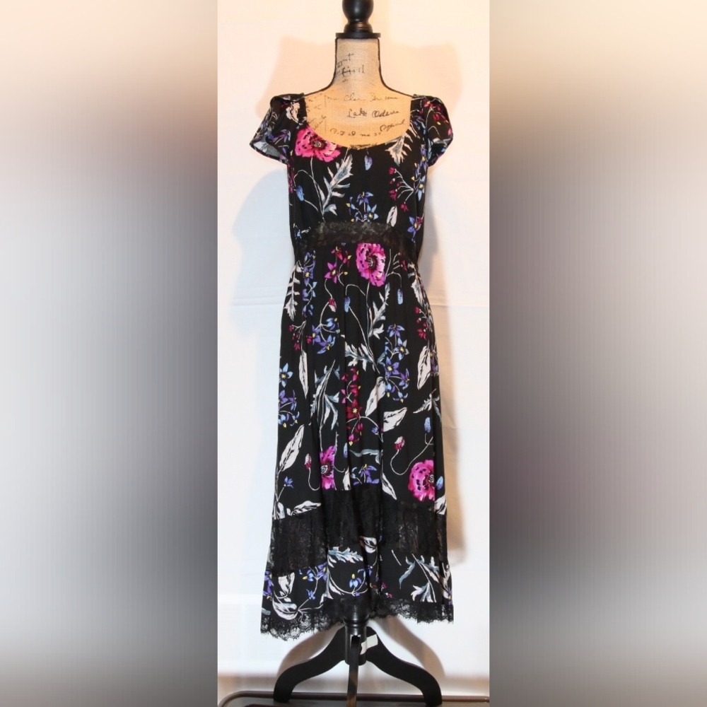 Express Black Midi Dress with Pink and Purple Floral Design